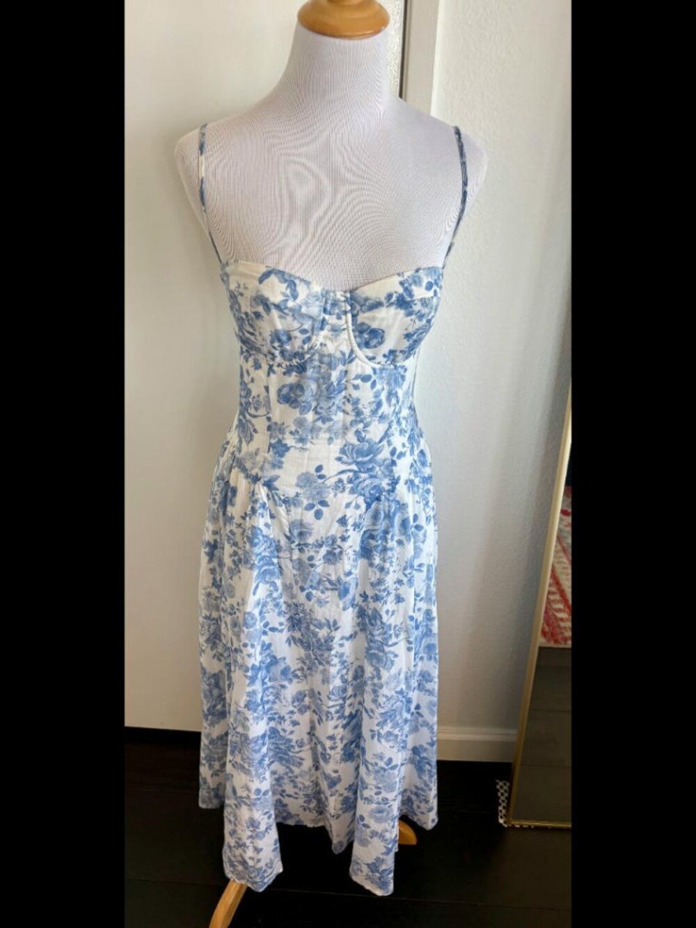 Blue White Floral Bustier Corset Midi Dress Spaghetti Strap